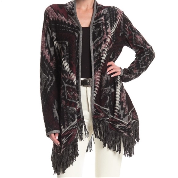 Lucky Brand Sweaters - Large Lucky Brand Gray Aztec Open Cardigan Fringe